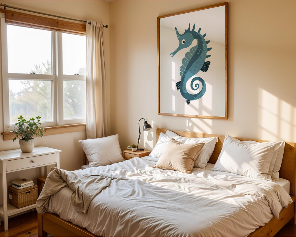 Blue Seahorse Print, Whimsical Coastal Nursery Decor, Kids Bedroom Poster wall art print, modern home decor, unframed artwork by Nomad & Nest