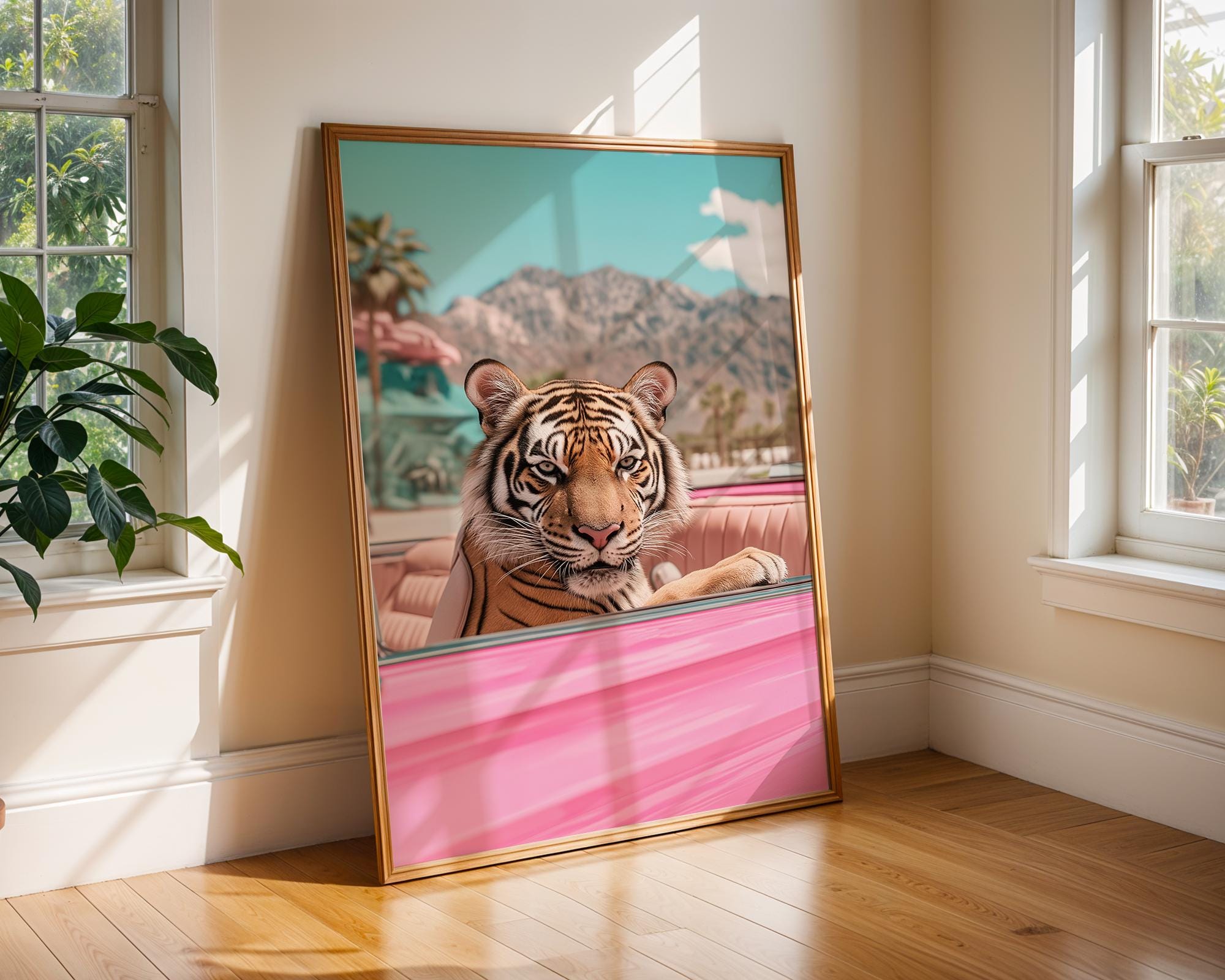 Tiger in Pink Convertible Print | Retro Palm Springs Wall Art wall art print, modern home decor, unframed artwork by Nomad & Nest