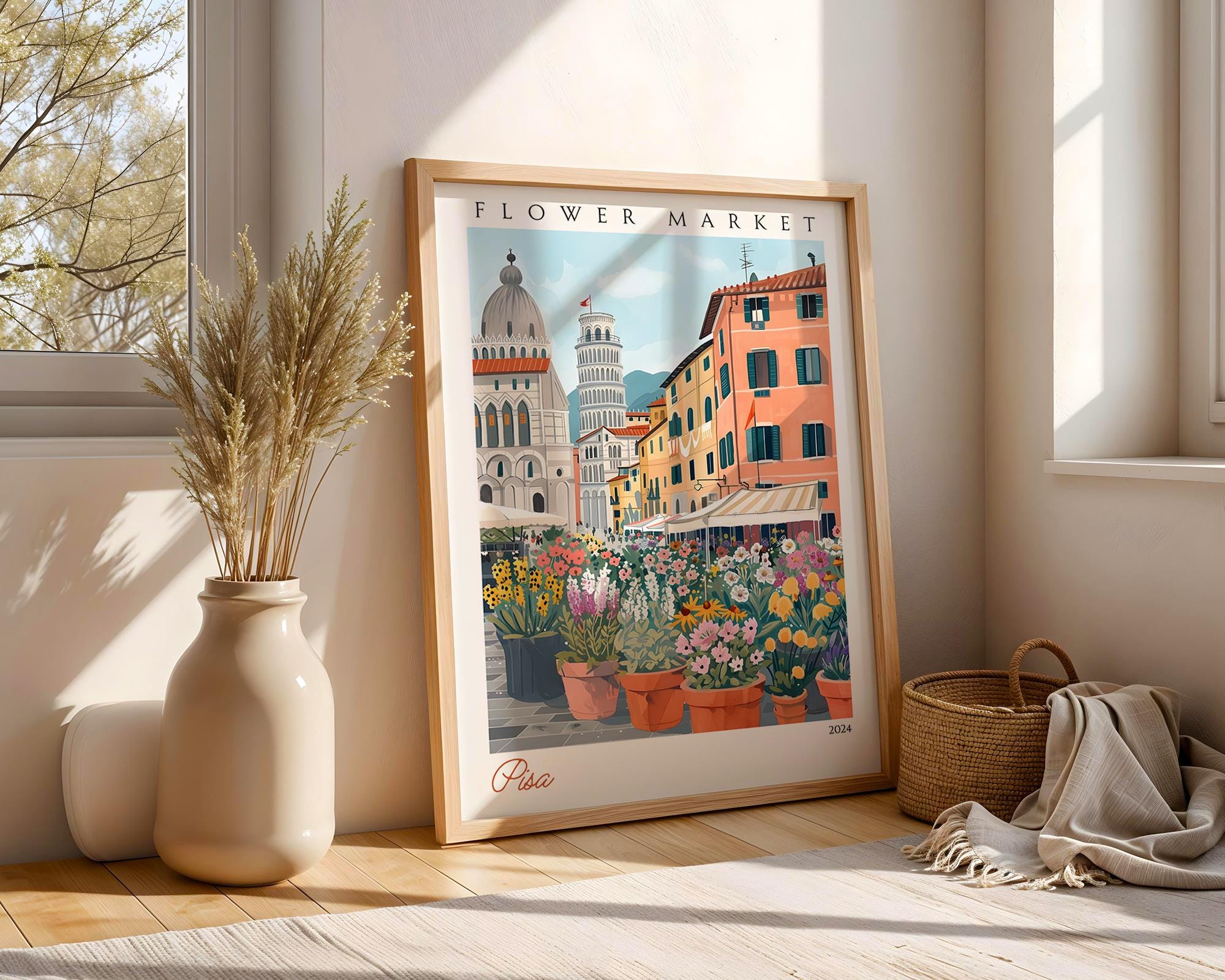Pisa Flower Market Print | Italian Cityscape Travel Poster wall art print, modern home decor, unframed artwork by Nomad & Nest