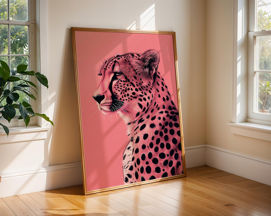 Colourful Prints | Pink Leopard Print | Graphic Jungle Cat on Coral wall art print, modern home decor, unframed artwork by Nomad & Nest