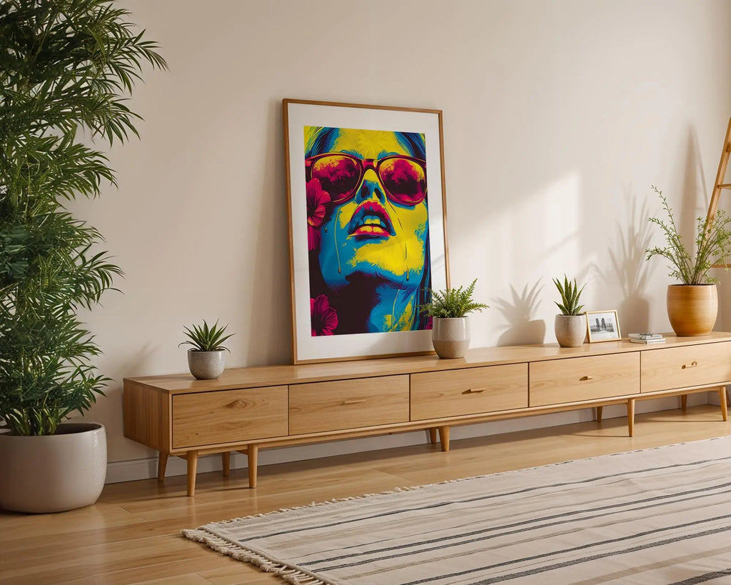 Modern Pop Art | Neon Woman Portrait  Print | Retro , Sunglasses & Flowers wall art print, modern home decor, unframed artwork by Nomad & Nest