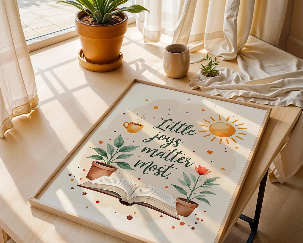 Positive Emotion | Little Joys Matter Most | Cozy Illustration Quote | Self Care Wall Art wall art print, modern home decor, unframed artwork by Nomad & Nest