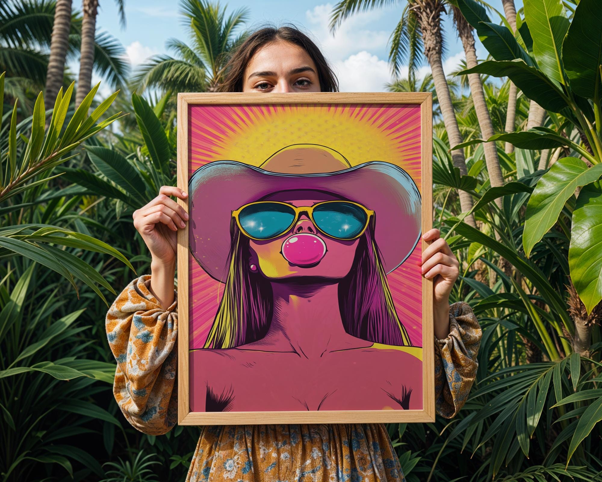 Pop Art Cowgirl Print | Hot Pink Bubble Gum Poster wall art print, modern home decor, unframed artwork by Nomad & Nest
