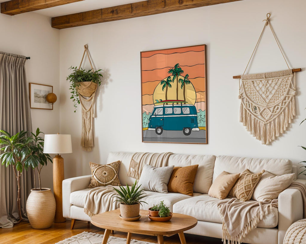 Modern Pop Art | VW Bus Surfboard Print | Retro Summer Beach, California Vibes wall art print, modern home decor, unframed artwork by Nomad & Nest