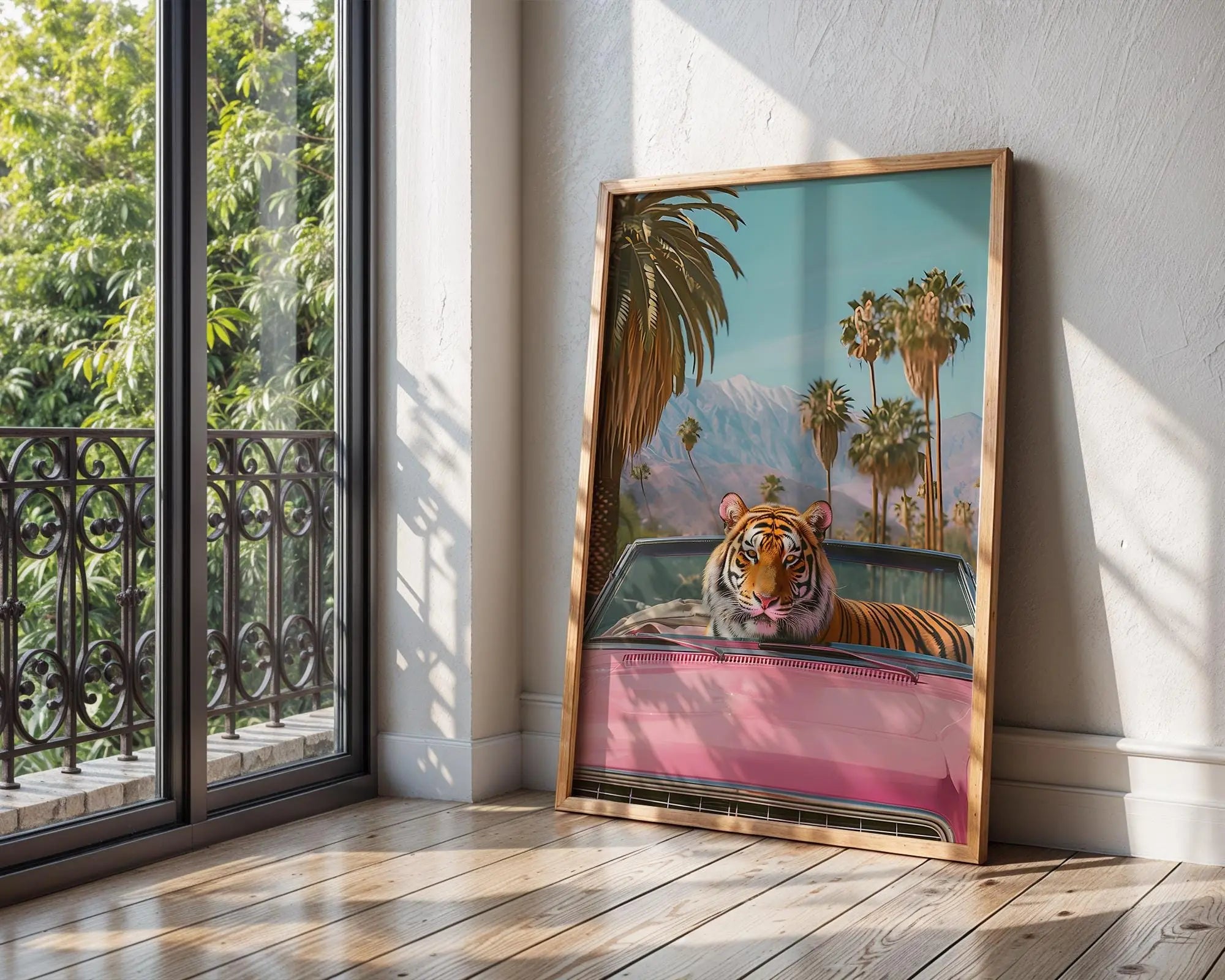 Colourful Prints | Retro Tiger Print | Pink Convertible, Palm Trees, Tropical Wall Art wall art print, modern home decor, unframed artwork by Nomad & Nest