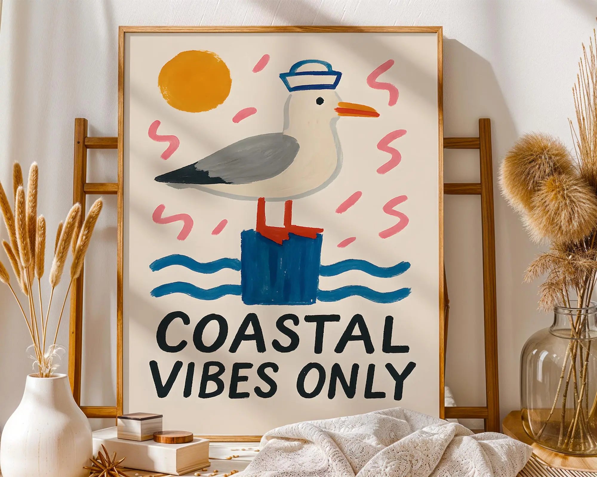 Positive Emotion | Coastal Vibes Only Wall Art | Playful Seagull Illustration | Beach House Deco wall art print, modern home decor, unframed artwork by Nomad & Nest