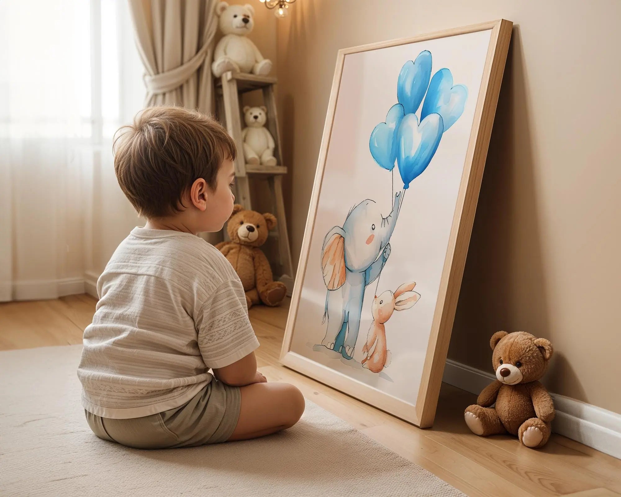 Playroom Ideas | Elephant Balloons Nursery Art | Soft Safari Baby Print wall art print, modern home decor, unframed artwork by Nomad & Nest