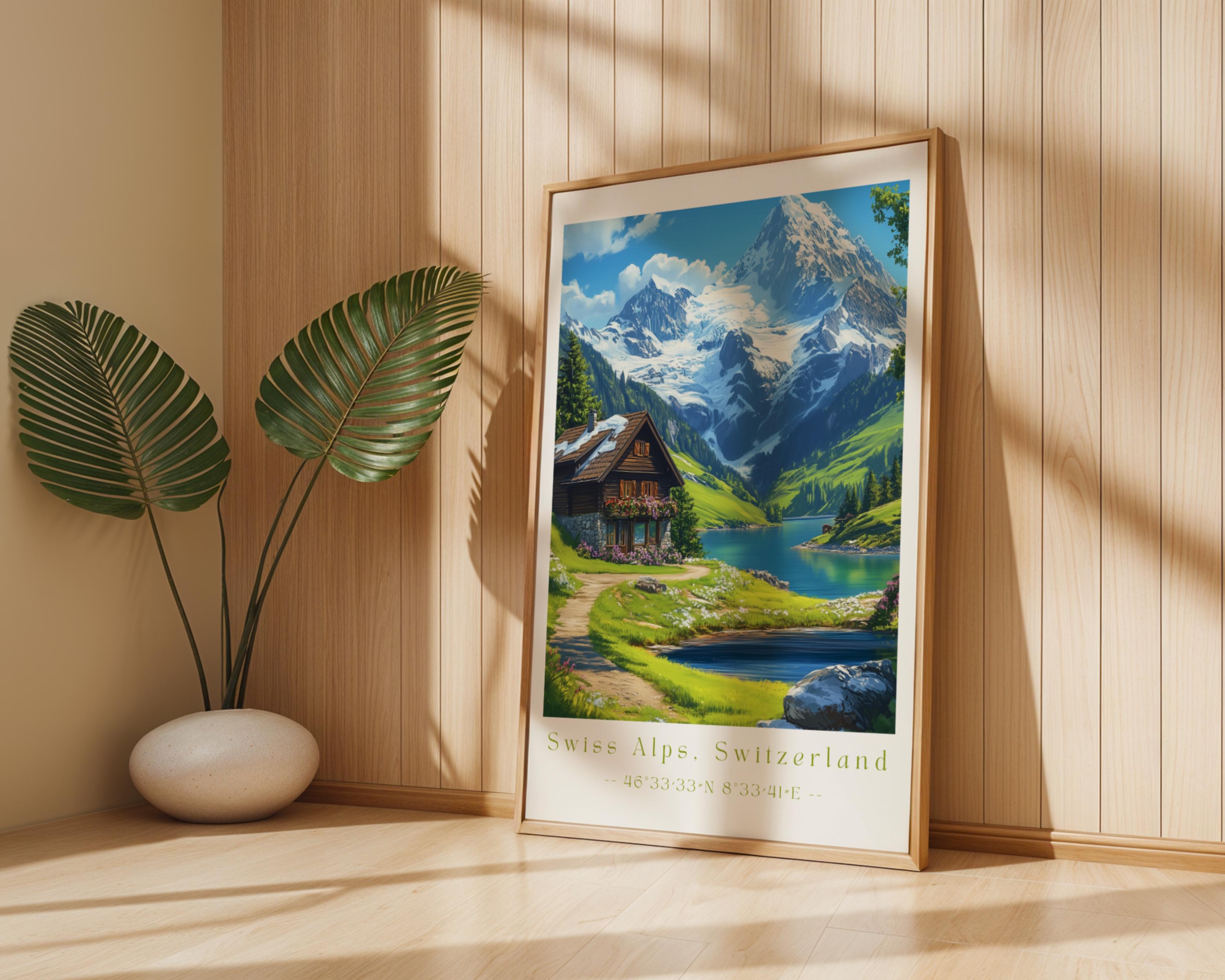 Swiss Alps Travel Poster | Scenic Mountain Landscape Art Print wall art print, modern home decor, unframed artwork by Nomad & Nest