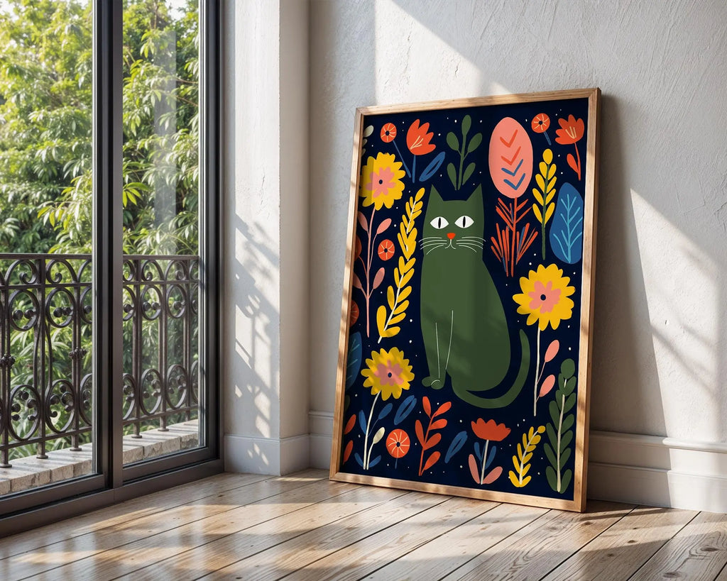 Floral Cat Art Print | Whimsical Scandinavian Nursery Decor wall art print, modern home decor, unframed artwork by Nomad & Nest