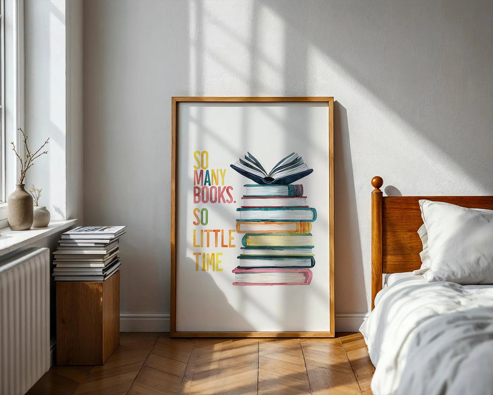 Positive Emotion | Many Books So Little Time Wall Art | Reading Illustration Print wall art print, modern home decor, unframed artwork by Nomad & Nest