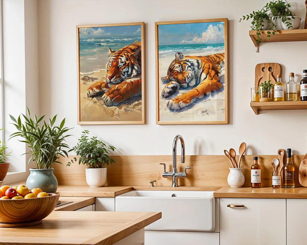 Colourful Prints | Beach Tiger Print Set | Coastal Animal Wall Art wall art print, modern home decor, unframed artwork by Nomad & Nest