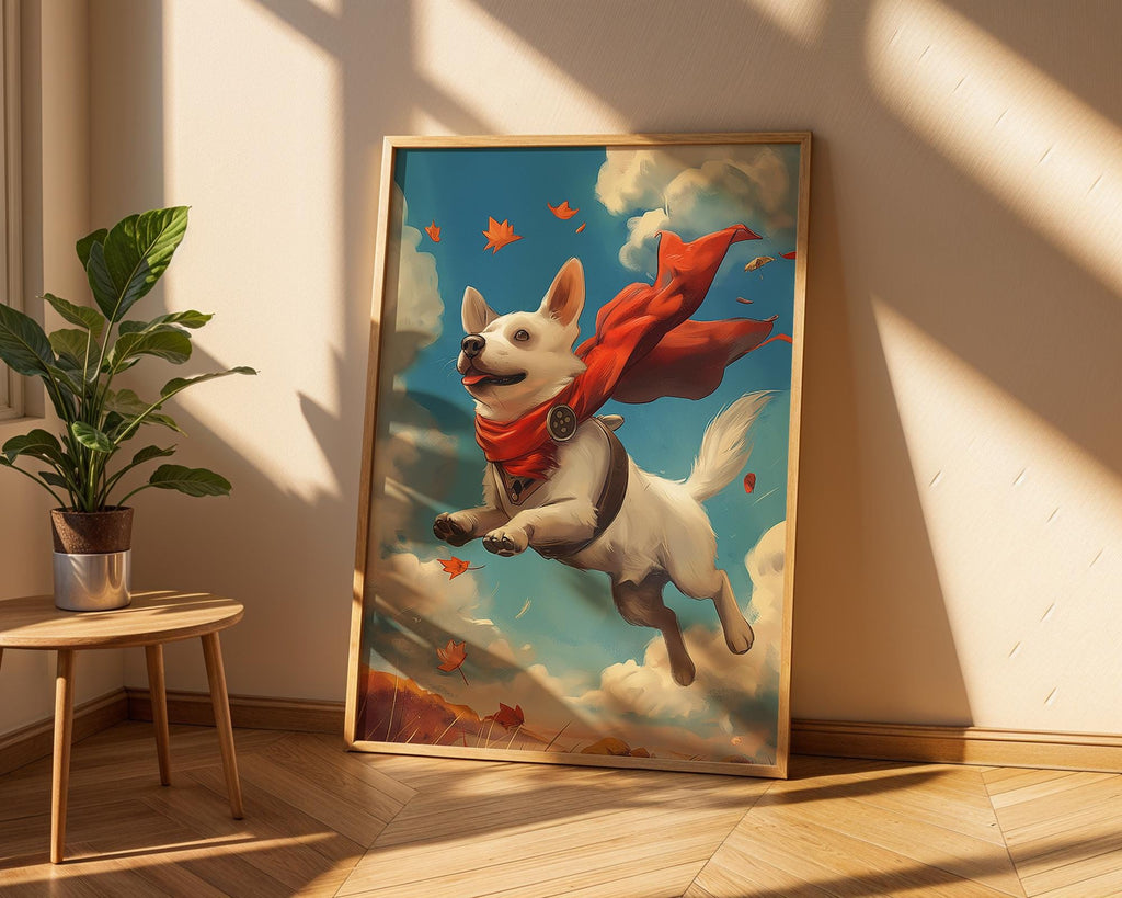 Whimsical Flying Dog Art Print | Red Scarf Pup Illustration wall art print, modern home decor, unframed artwork by Nomad & Nest