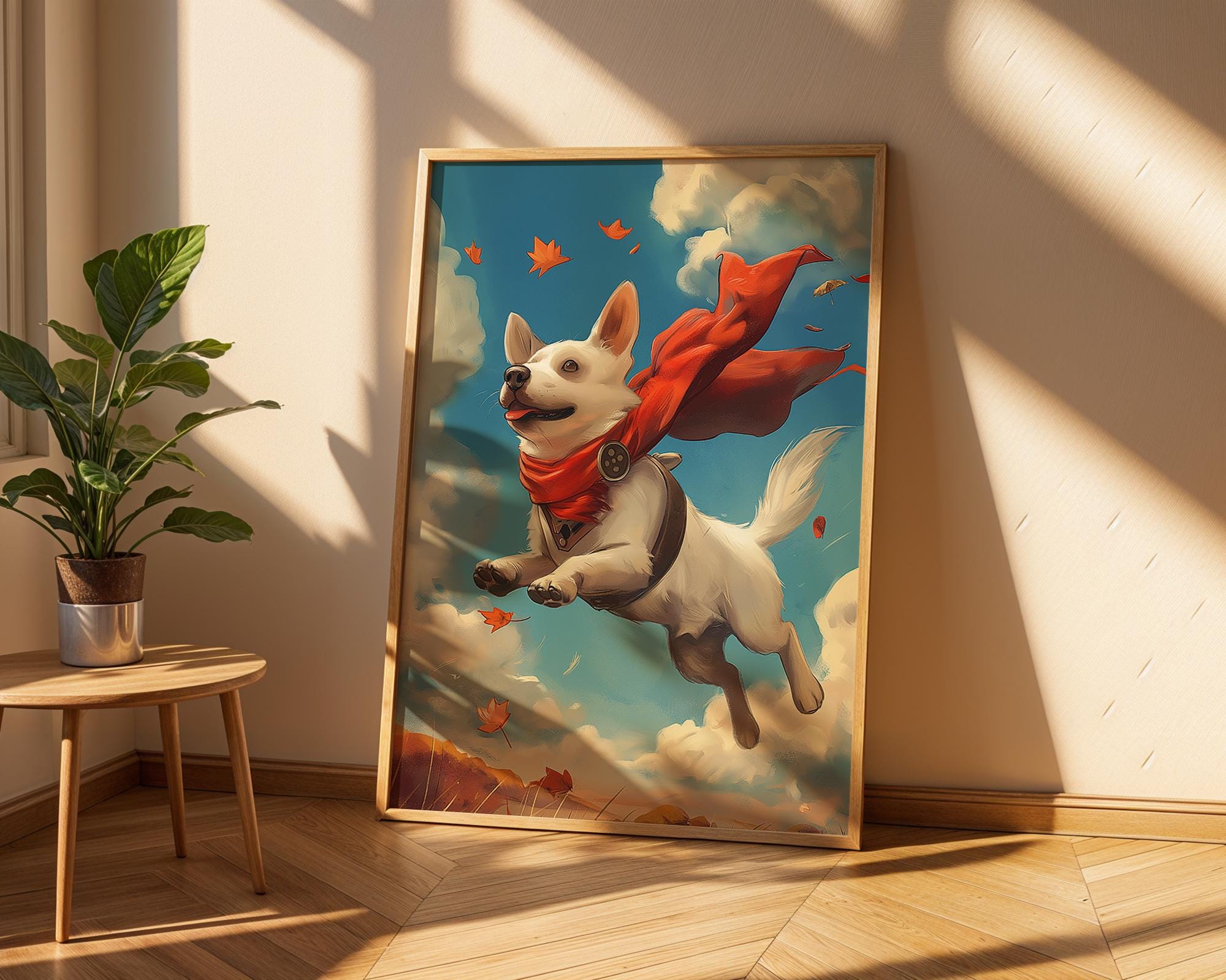 Whimsical Flying Dog Art Print | Red Scarf Pup Illustration wall art print, modern home decor, unframed artwork by Nomad & Nest