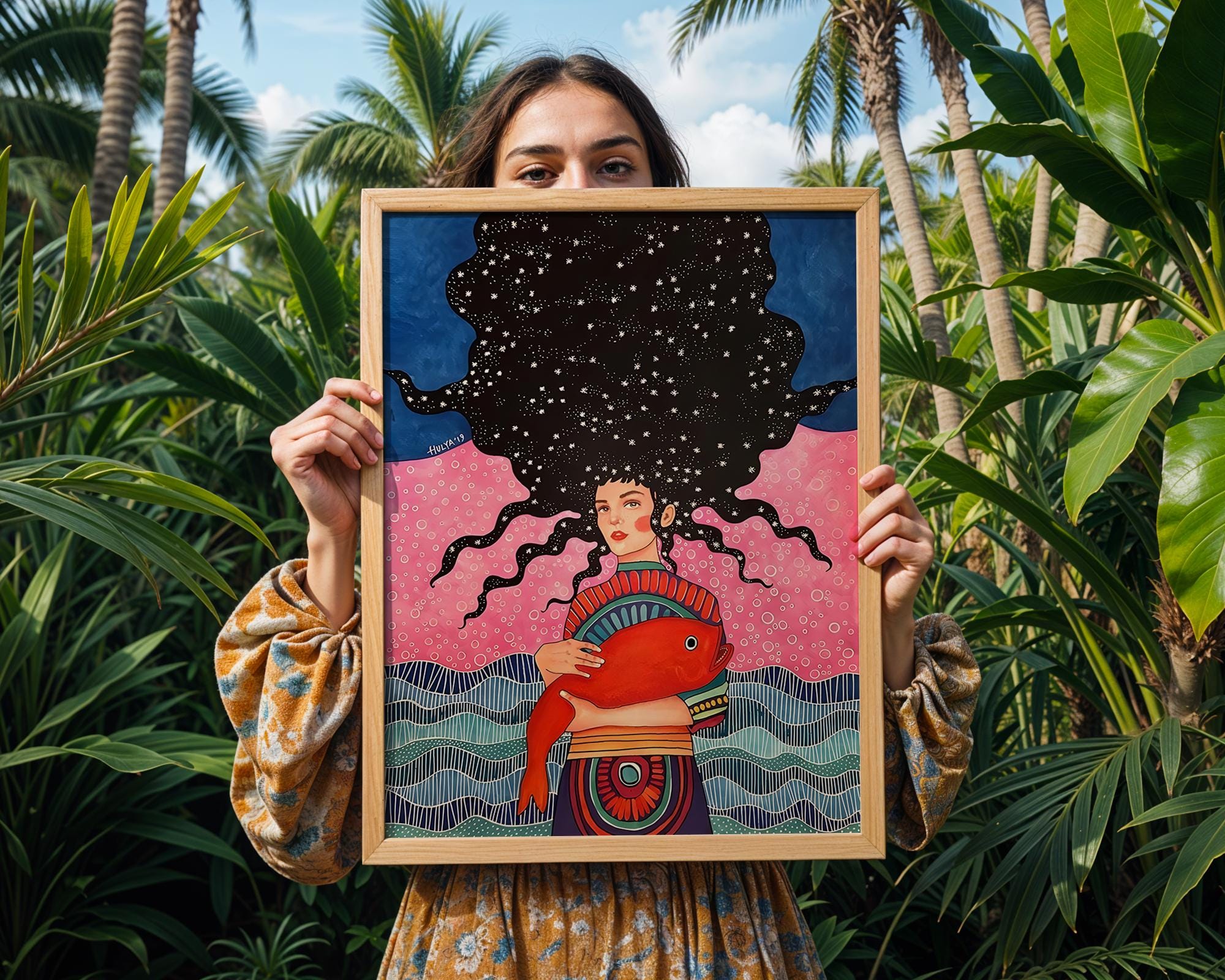 Surreal Woman with Fish Art Print | Cosmic Colorful Wall Decor wall art print, modern home decor, unframed artwork by Nomad & Nest
