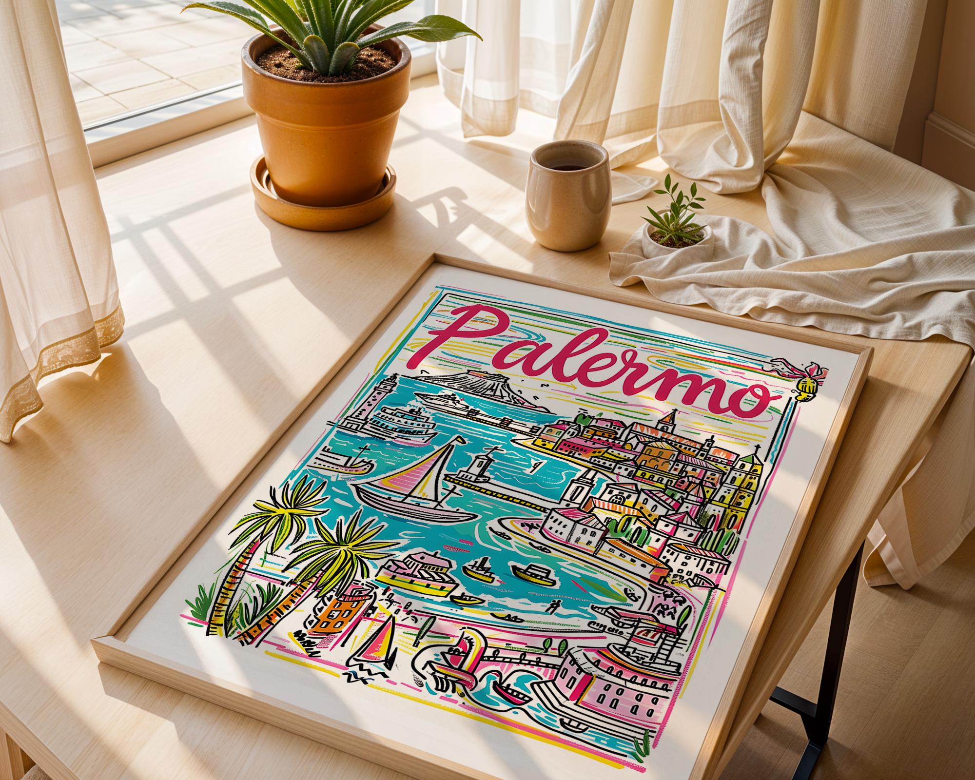 Palermo Italy Travel Poster | Colorful Sicilian Cityscape Art Print wall art print, modern home decor, unframed artwork by Nomad & Nest