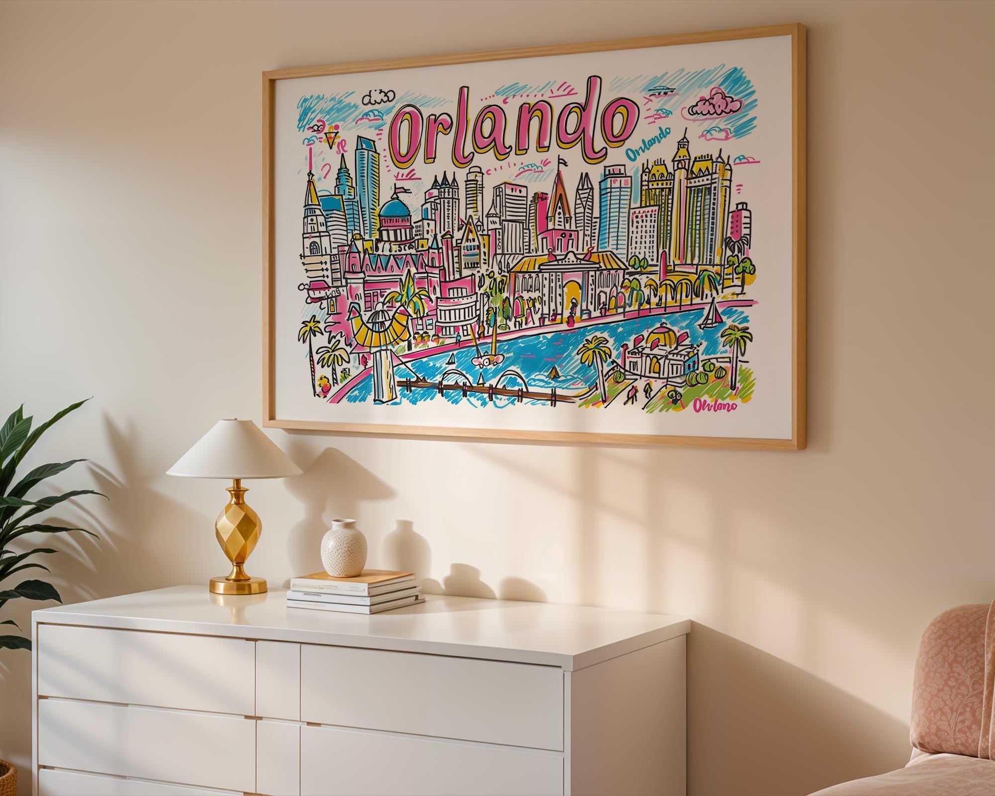 Orlando Florida Cityscape Poster | Colorful Travel Art Print wall art print, modern home decor, unframed artwork by Nomad & Nest