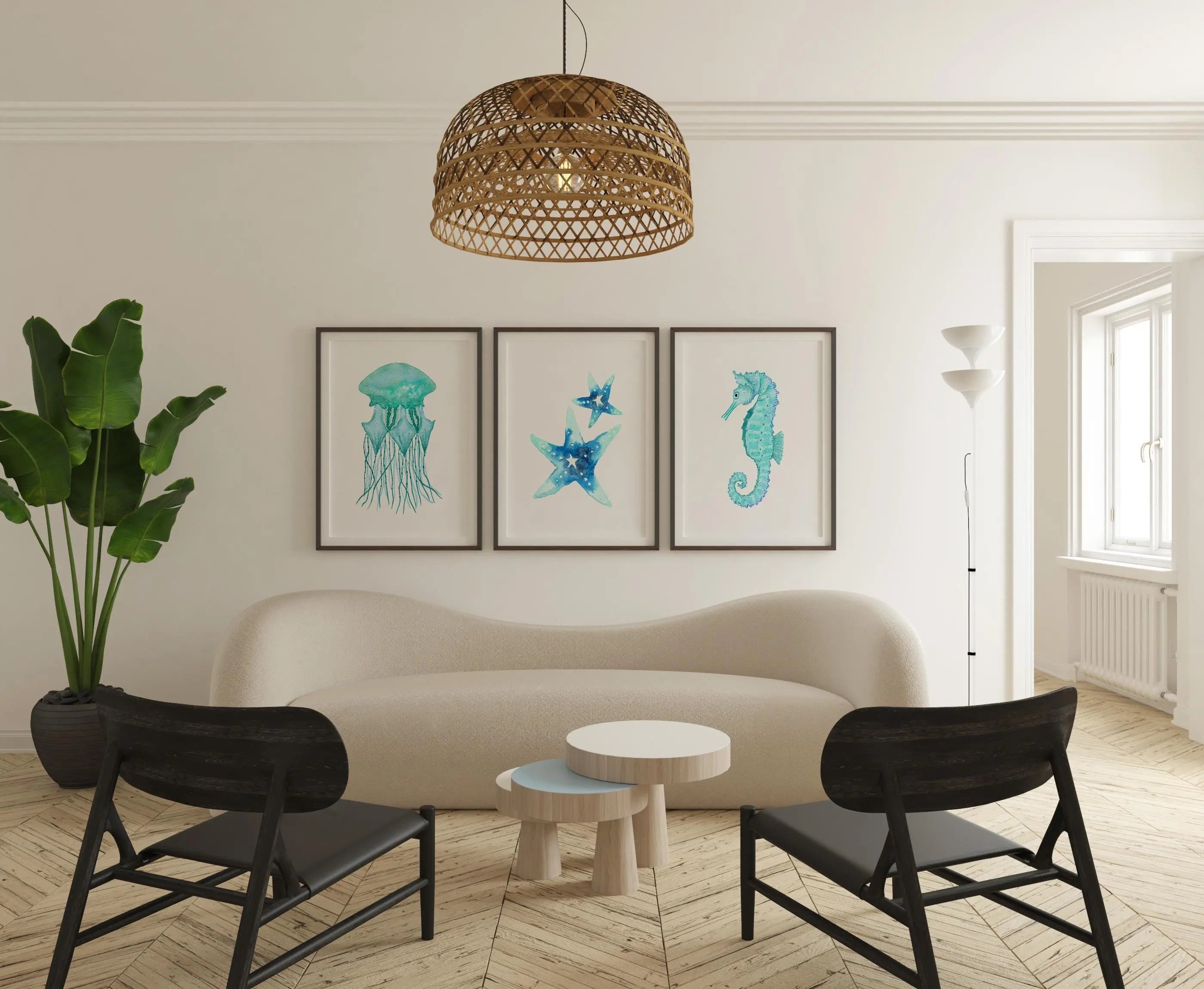 Colourful Prints | Watercolor Sea Creatures Print Set • Coastal Bathroom Decor wall art print, modern home decor, unframed artwork by Nomad & Nest