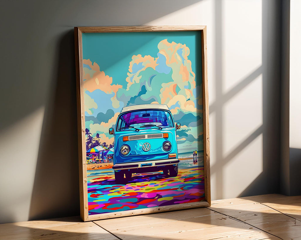 Modern Pop Art | Retro VW Bus Beach Print | Colorful Bohemian Van wall art print, modern home decor, unframed artwork by Nomad & Nest