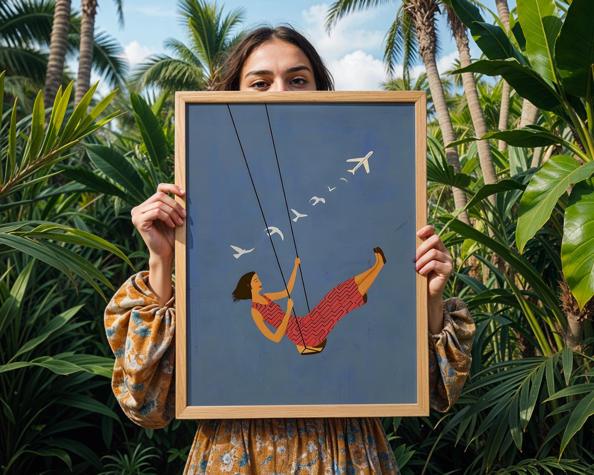 Woman on Swing Art Print | Dreamy Blue Sky Wall Decor wall art print, modern home decor, unframed artwork by Nomad & Nest