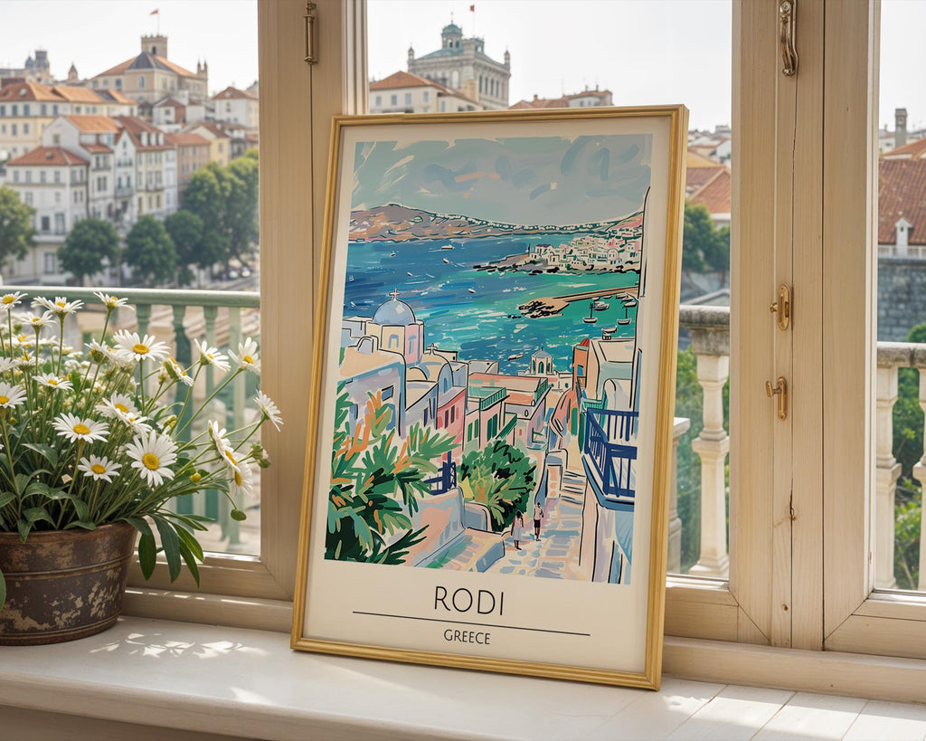 Rhodes Greece Art Print | Rodi Island Coastal Travel Poster wall art print, modern home decor, unframed artwork by Nomad & Nest