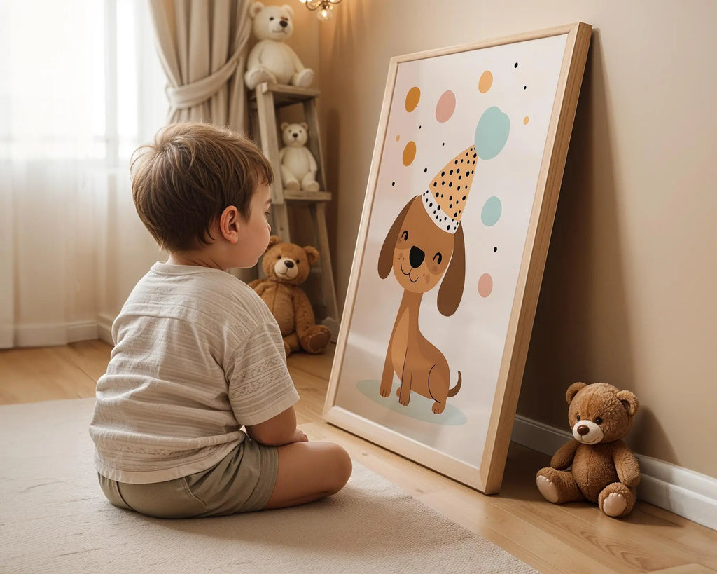 Playroom Ideas | Party Dog Nursery Wall Art | Fun Animal Celebration Print wall art print, modern home decor, unframed artwork by Nomad & Nest