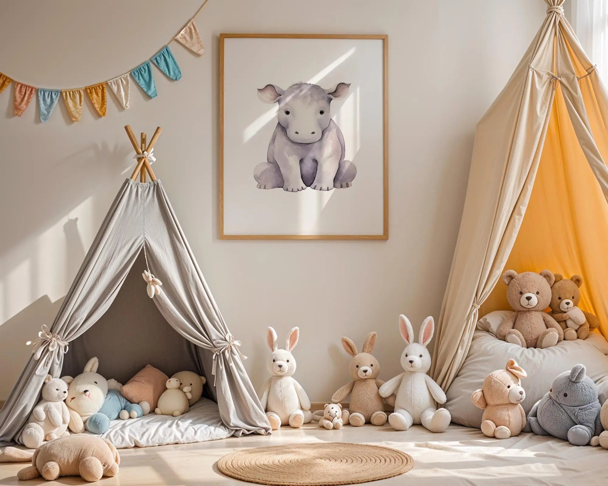 Playroom Ideas | Hippo Nursery Wall Art | Safari Animal Baby Illustration wall art print, modern home decor, unframed artwork by Nomad & Nest