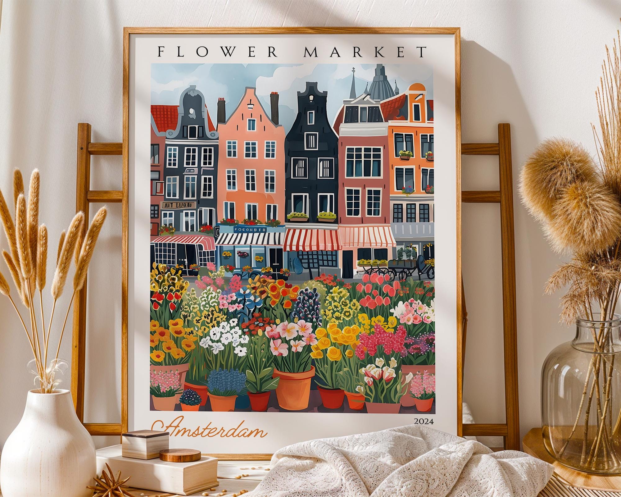 Amsterdam Flower Market Print | Colorful Dutch Travel Poster wall art print, modern home decor, unframed artwork by Nomad & Nest