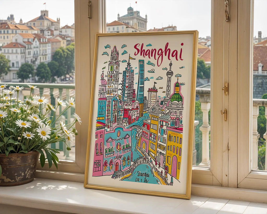 Shanghai Skyline Art Print | Colorful Hand-Drawn Cityscape wall art print, modern home decor, unframed artwork by Nomad & Nest