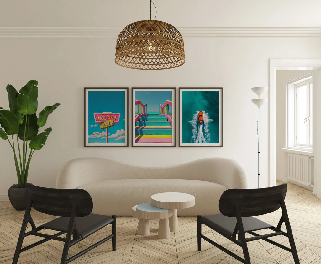 Colourful Prints | Retro Motel Wall Art Set | Vintage Summer Beach Prints Trio (Set of 3) wall art print, modern home decor, unframed artwork by Nomad & Nest