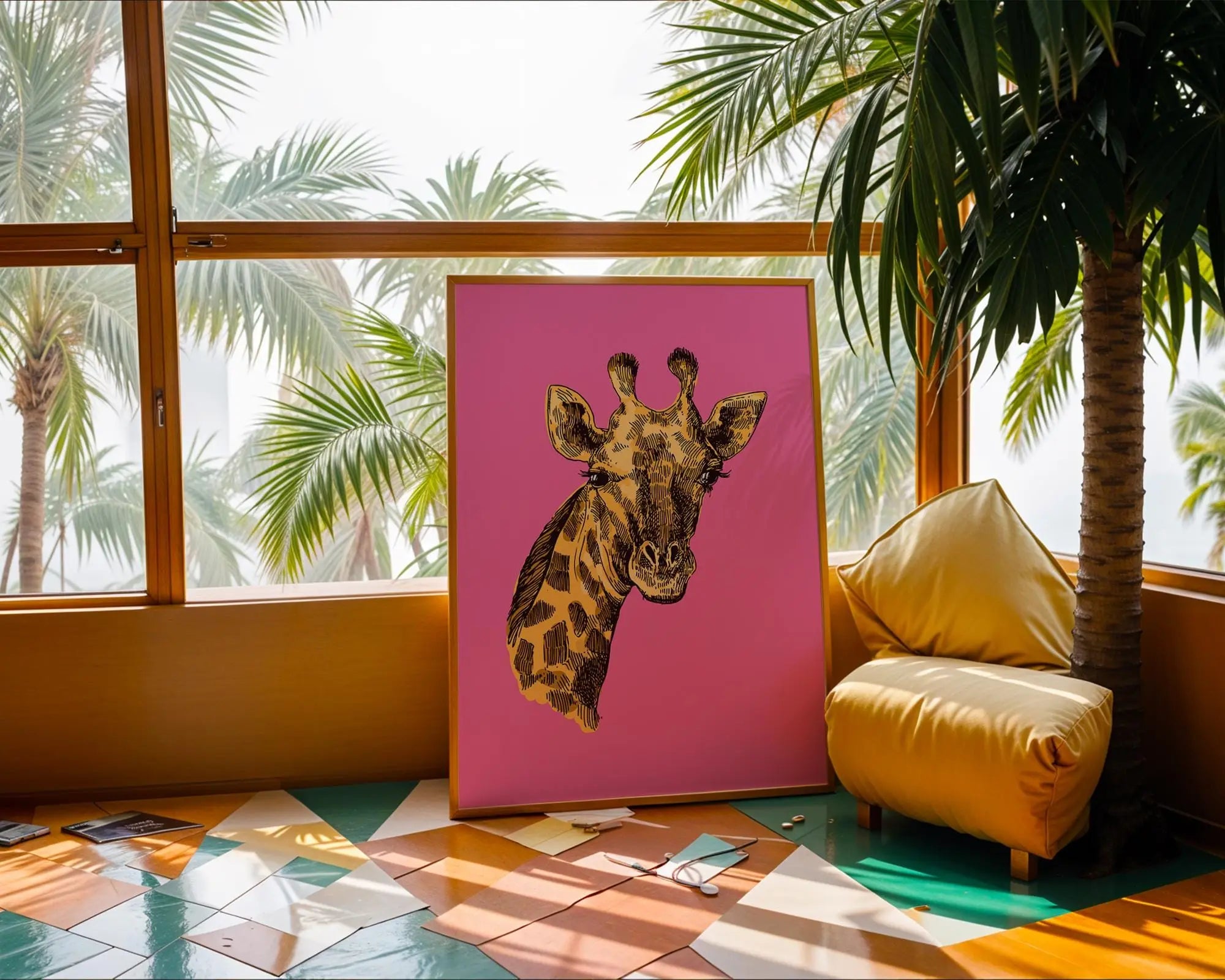 Pop Art Giraffe Print | Yellow & Black on Pink, Modern Animal Poster wall art print, modern home decor, unframed artwork by Nomad & Nest