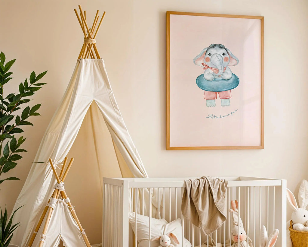 Playroom Ideas | Elephant Swim Ring Nursery Art | Playful Baby Wall Print wall art print, modern home decor, unframed artwork by Nomad & Nest
