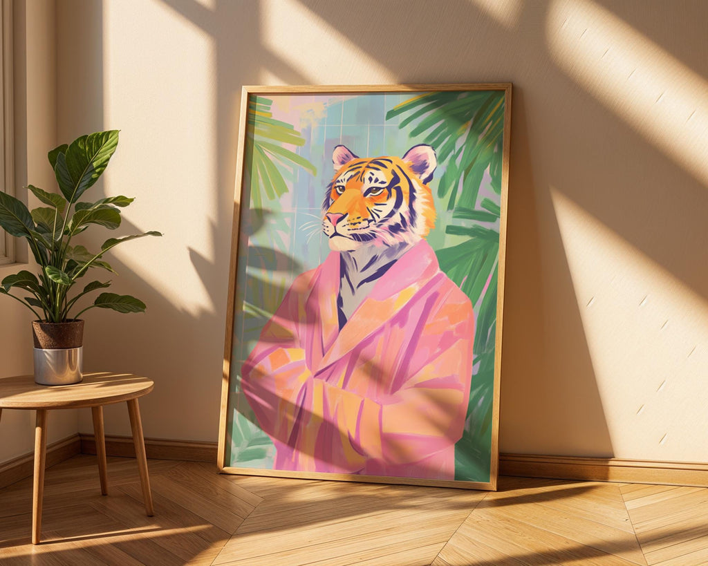 Tiger in Pink Robe Art Print | Whimsical Jungle Animal Poster wall art print, modern home decor, unframed artwork by Nomad & Nest
