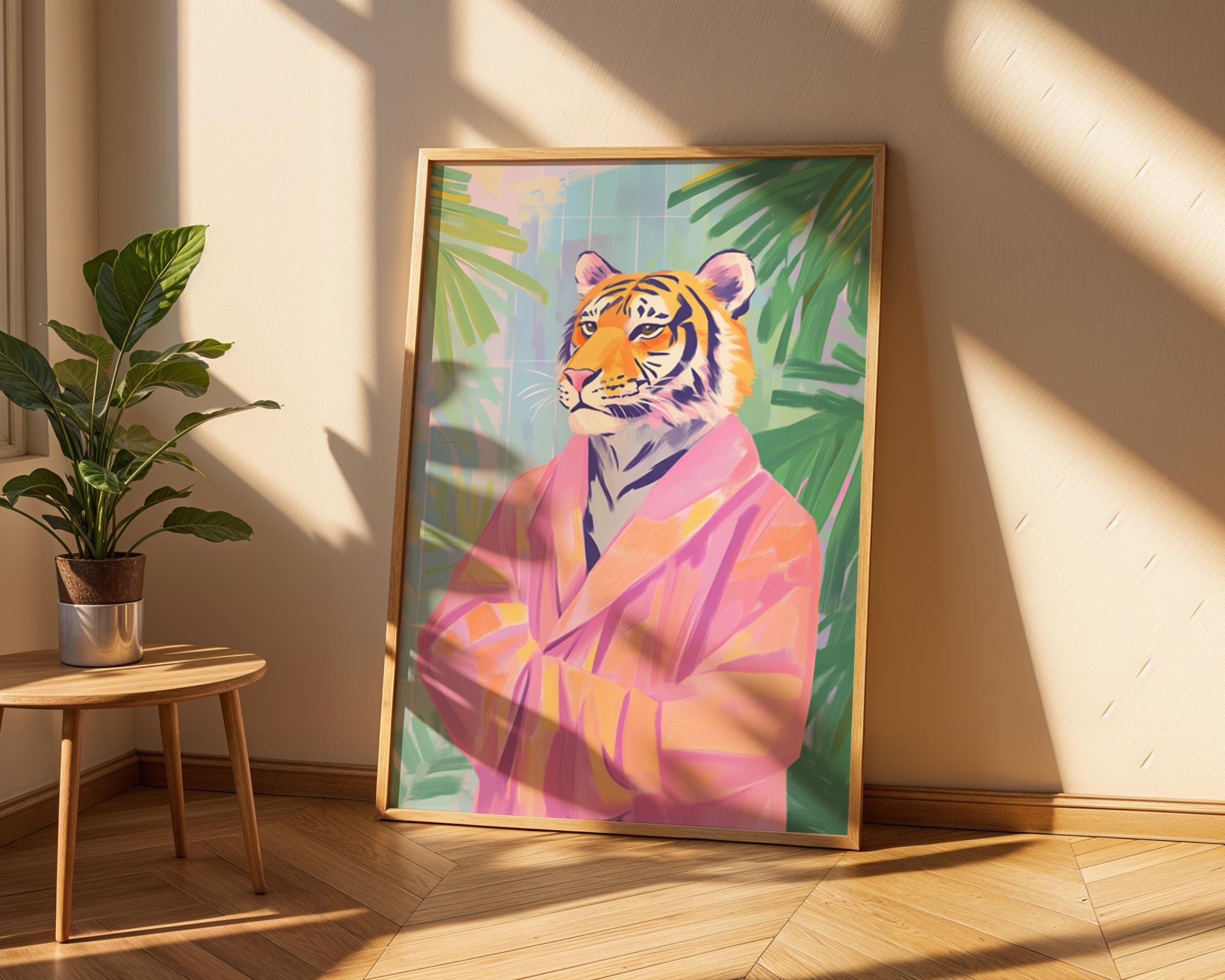Tiger in Pink Robe Art Print | Whimsical Jungle Animal Poster wall art print, modern home decor, unframed artwork by Nomad & Nest