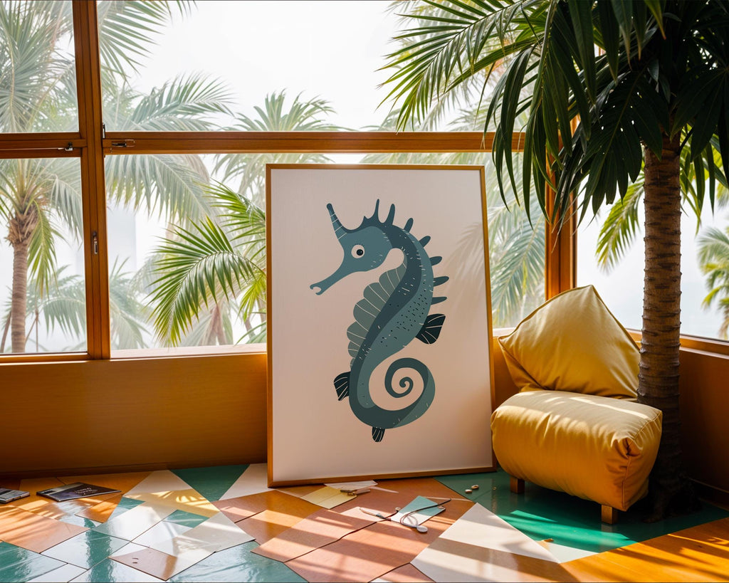 Blue Seahorse Print, Whimsical Coastal Nursery Decor, Kids Bedroom Poster wall art print, modern home decor, unframed artwork by Nomad & Nest
