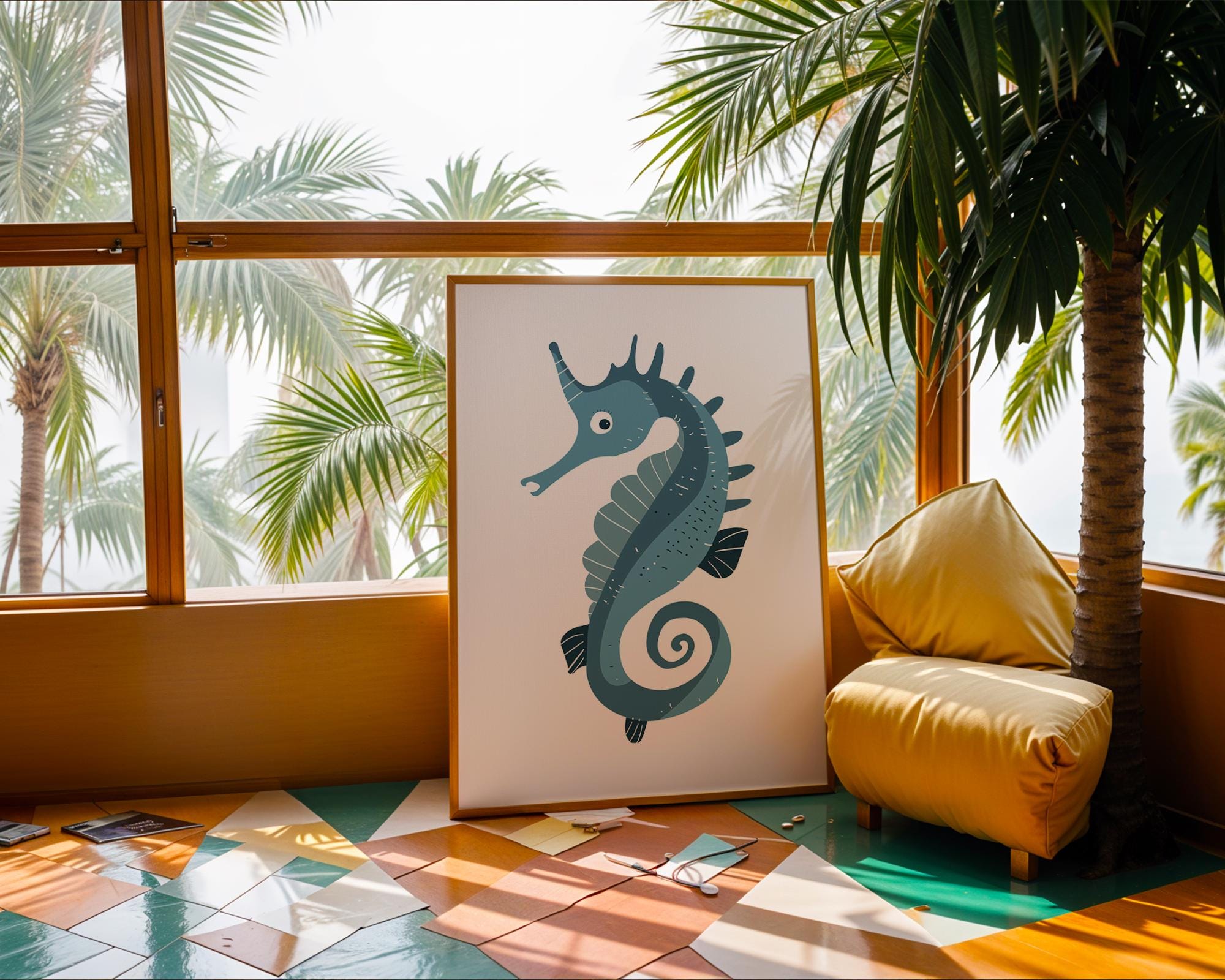 Blue Seahorse Print, Whimsical Coastal Nursery Decor, Kids Bedroom Poster wall art print, modern home decor, unframed artwork by Nomad & Nest