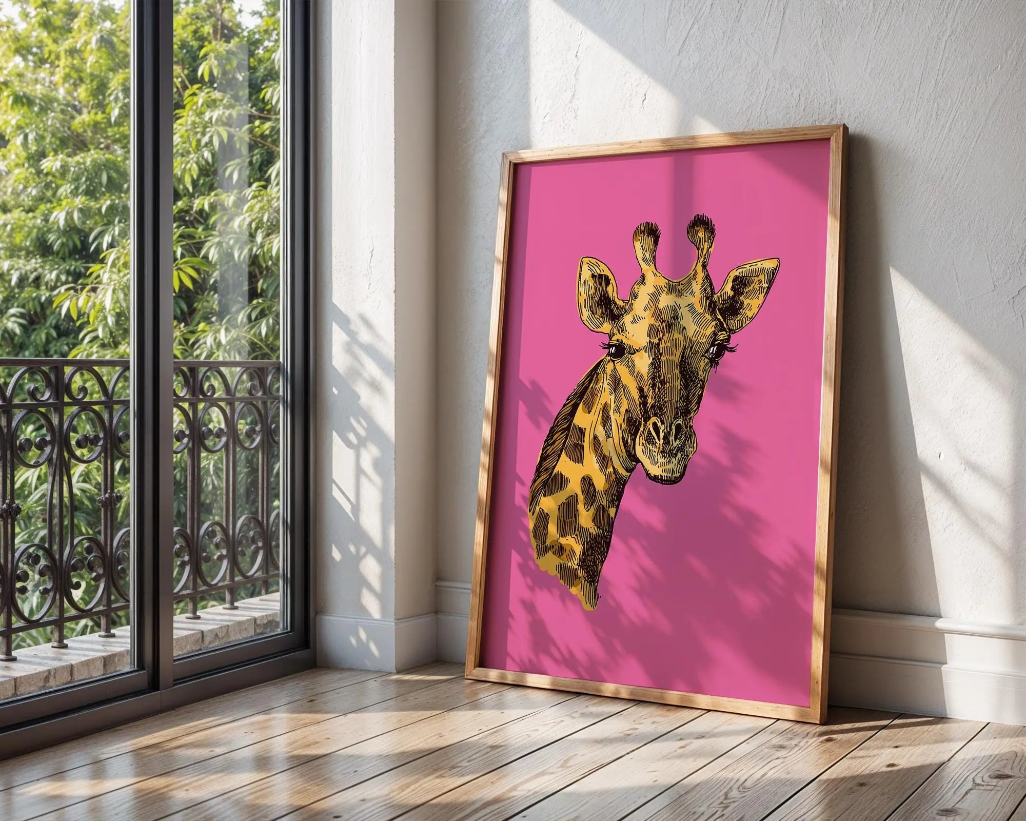 Pop Art Giraffe Print | Yellow & Black on Pink, Modern Animal Poster wall art print, modern home decor, unframed artwork by Nomad & Nest