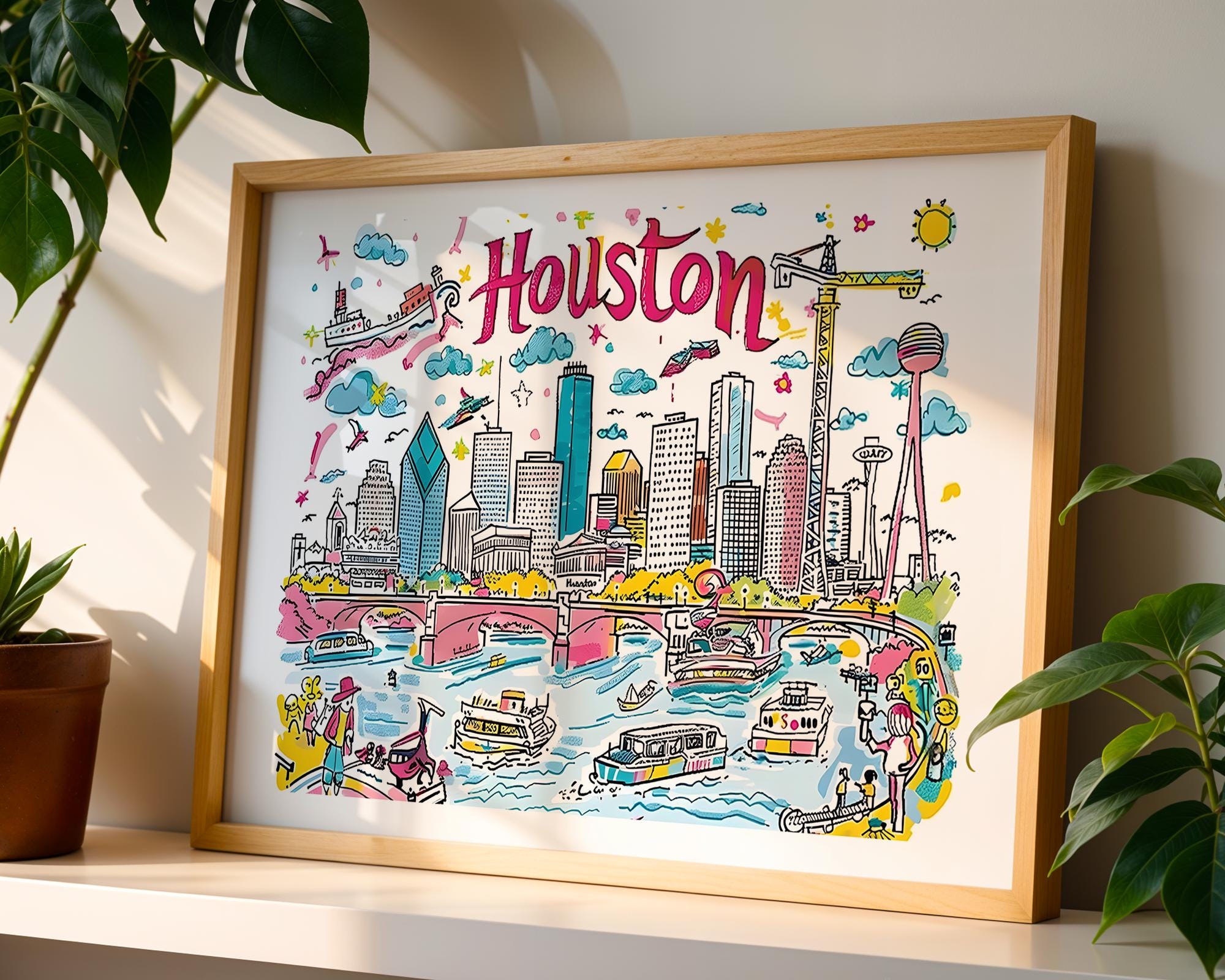 Houston Texas Cityscape Poster | Colorful Travel Art Print wall art print, modern home decor, unframed artwork by Nomad & Nest