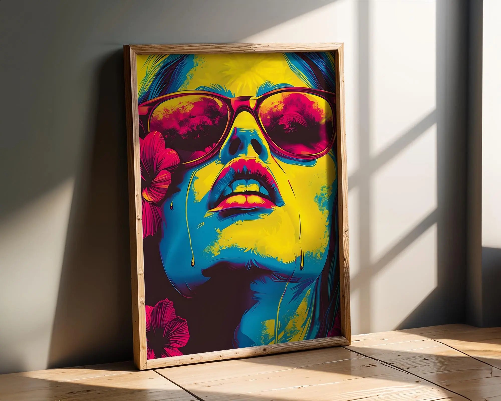 Modern Pop Art | Neon Woman Portrait  Print | Retro , Sunglasses & Flowers wall art print, modern home decor, unframed artwork by Nomad & Nest