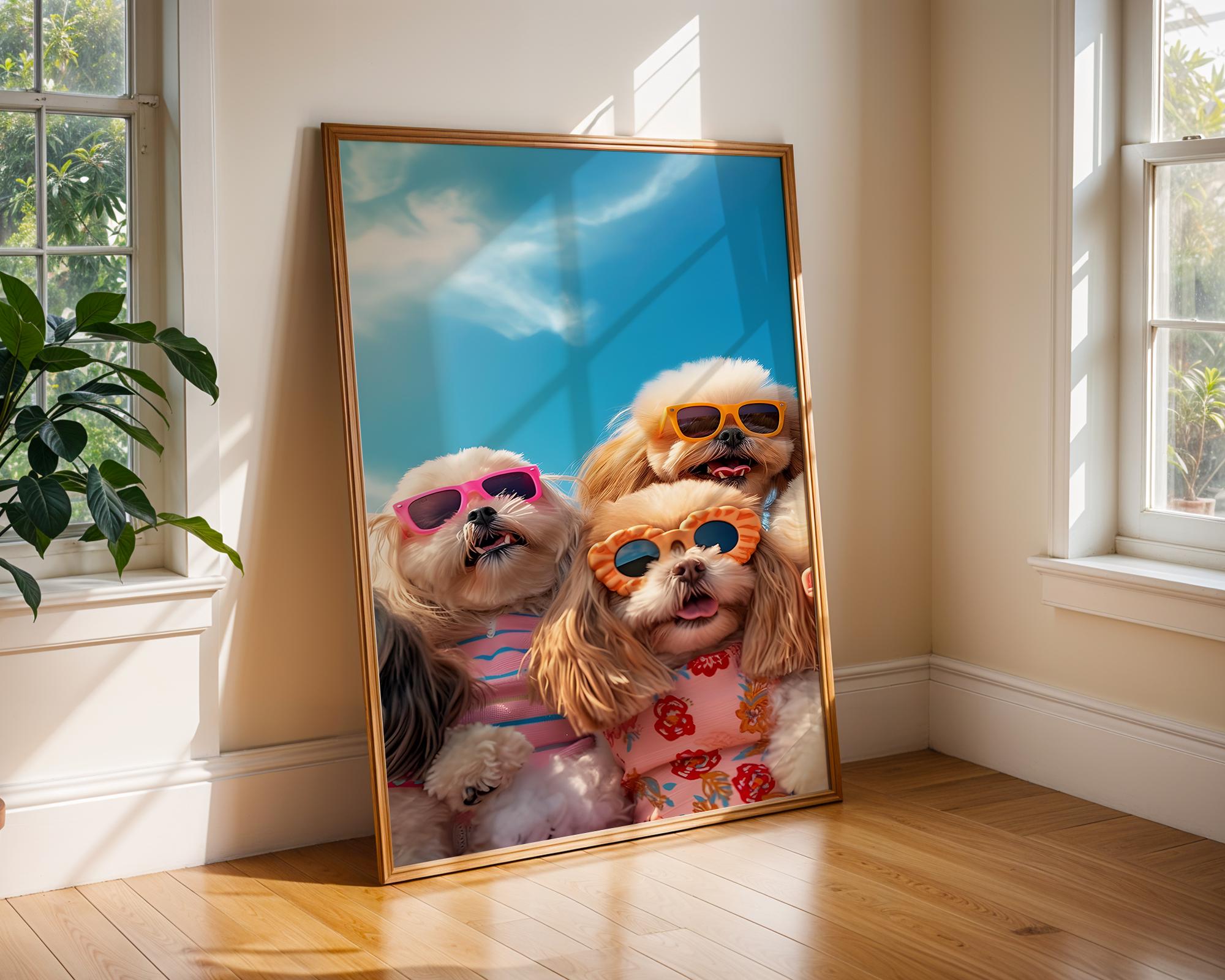 Colourful Prints | Funny Dogs Beach Print | Tropical Pup Art with Sunglasses wall art print, modern home decor, unframed artwork by Nomad & Nest