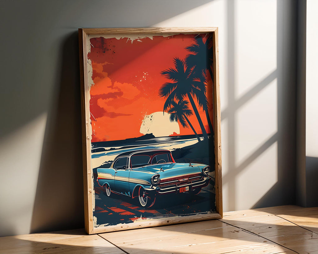Modern Pop Art | Retro Chevy Car Print | Coastal Sunset Beach Scene Poster wall art print, modern home decor, unframed artwork by Nomad & Nest