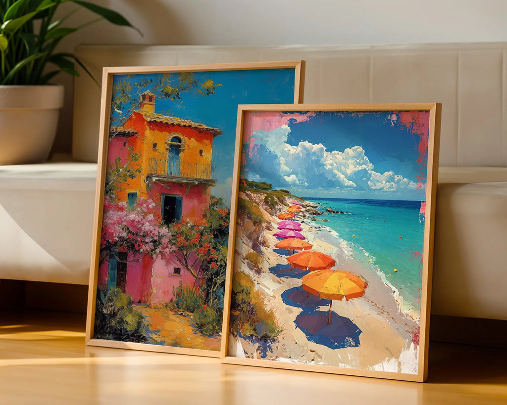 Colourful Prints | Italian Villa & Beach Umbrellas Print Set | Summer Coastal Wall Art (Set of 2) wall art print, modern home decor, unframed artwork by Nomad & Nest