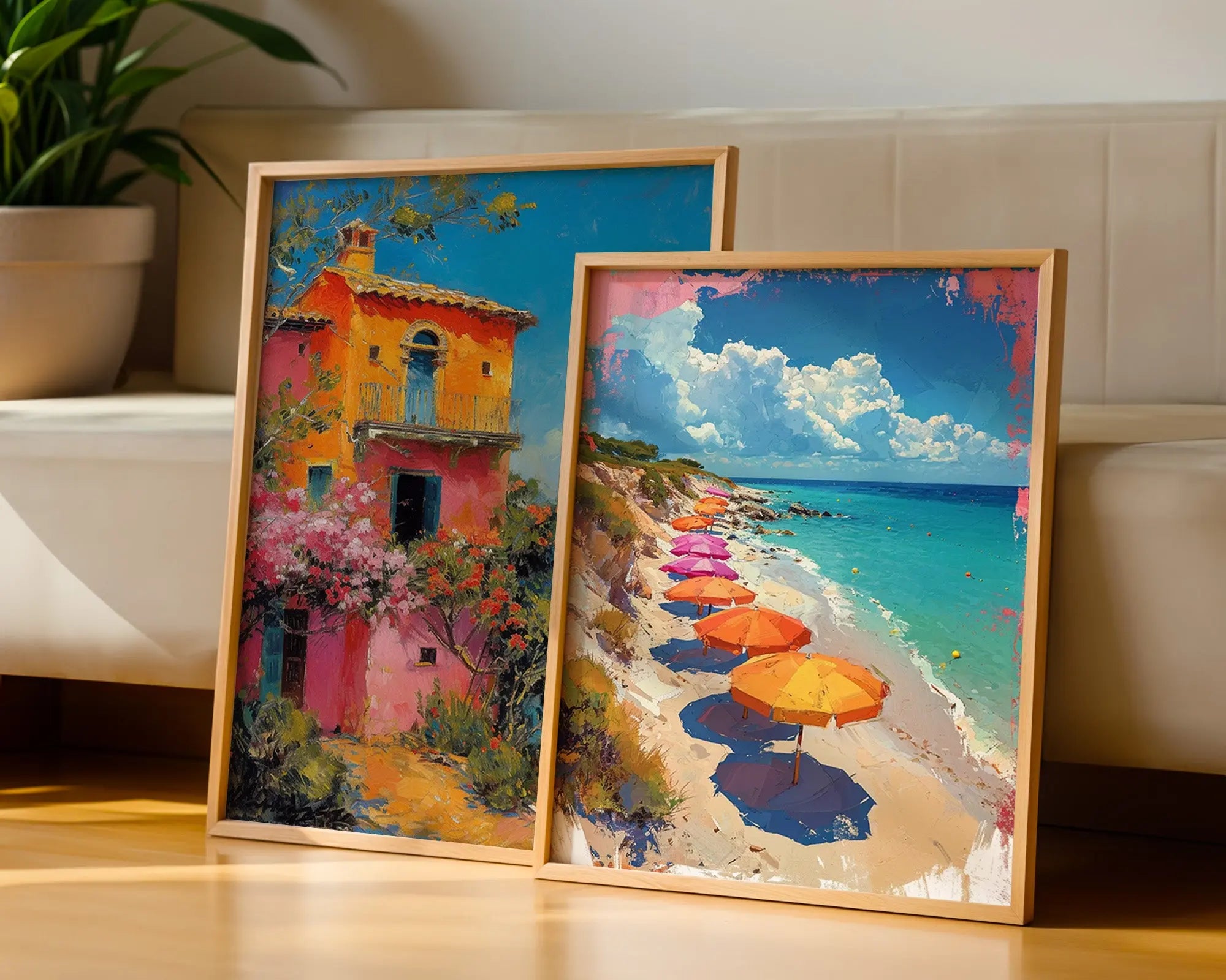 Colourful Prints | Italian Villa & Beach Umbrellas Print Set | Summer Coastal Wall Art (Set of 2) wall art print, modern home decor, unframed artwork by Nomad & Nest