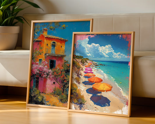 Colourful Prints | Italian Villa & Beach Umbrellas Print Set | Summer Coastal Wall Art (Set of 2) wall art print, modern home decor, unframed artwork by Nomad & Nest