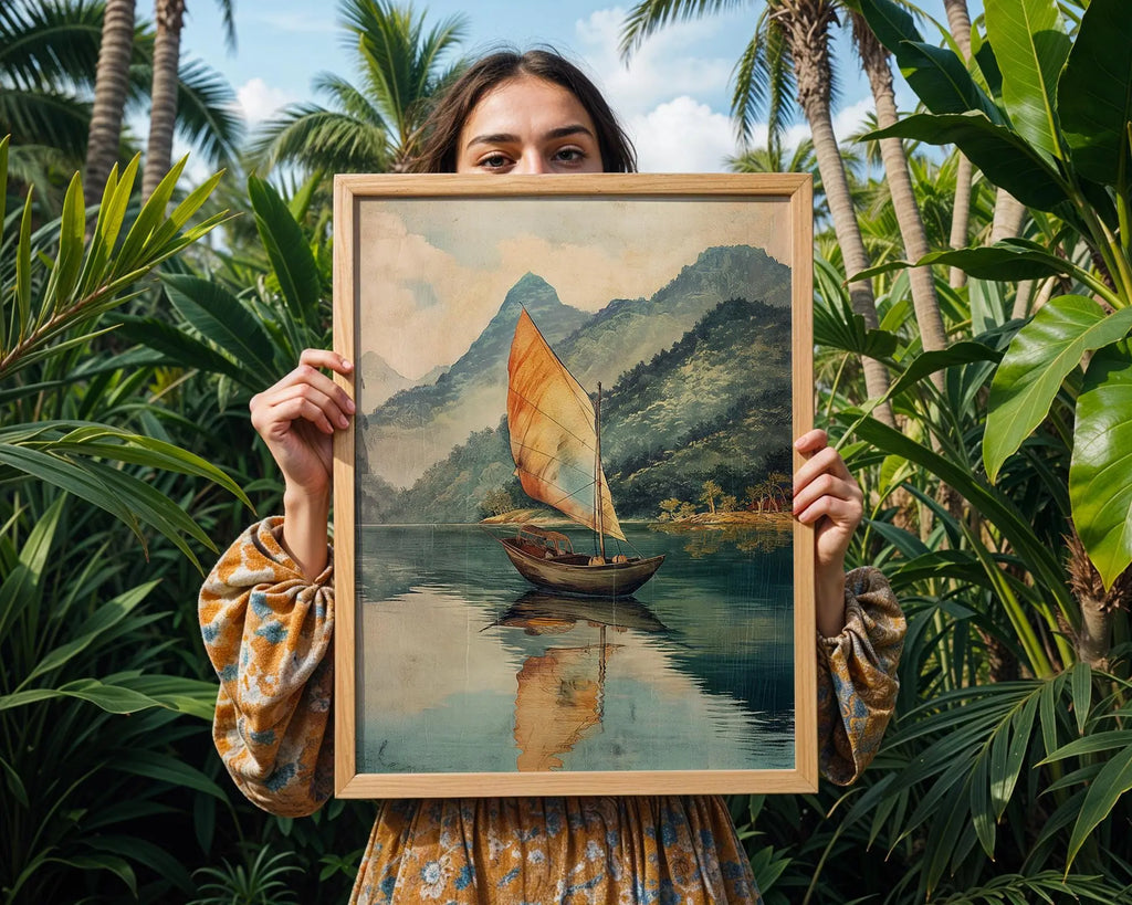 Vintage Sailing Boat Print | Serene Ocean Landscape, Coastal Art wall art print, modern home decor, unframed artwork by Nomad & Nest