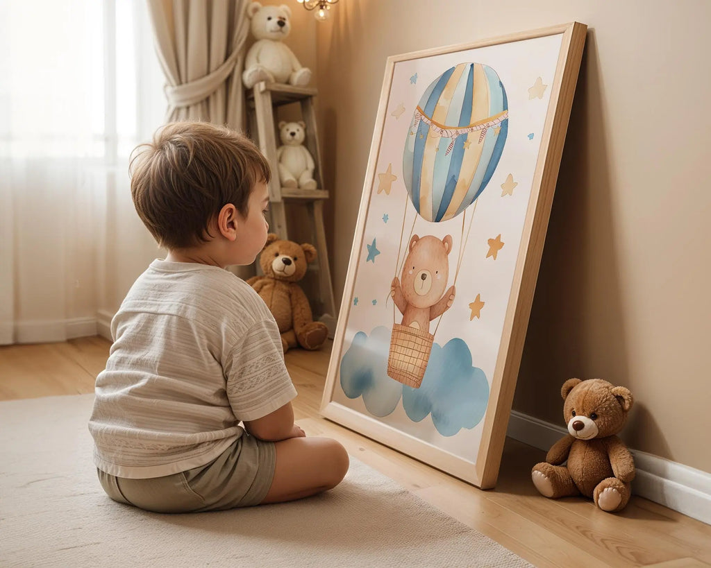 Playroom Ideas | Bear Hot Air Balloon Nursery Print | Boho Sky Wall Art wall art print, modern home decor, unframed artwork by Nomad & Nest