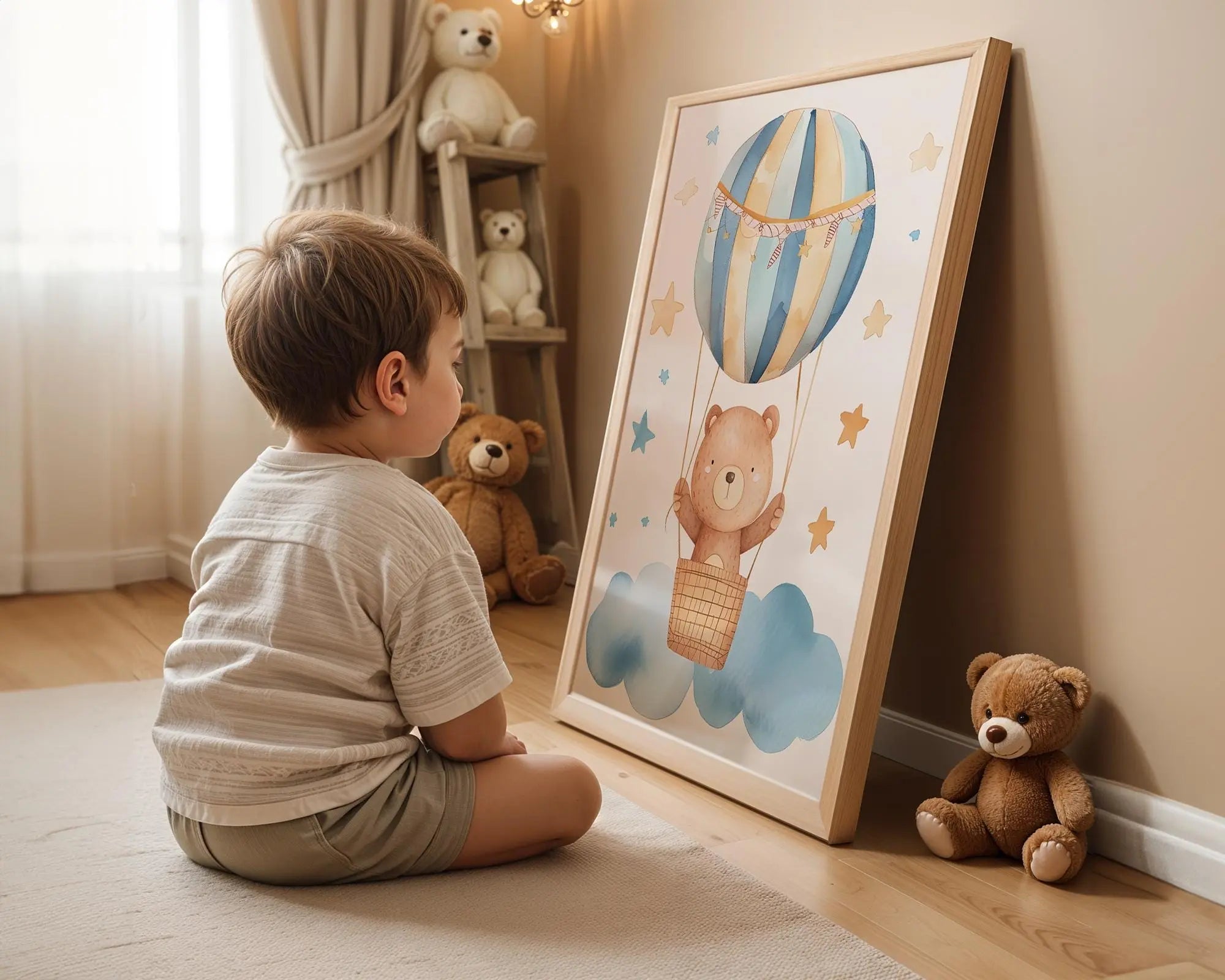 Playroom Ideas | Bear Hot Air Balloon Nursery Print | Boho Sky Wall Art wall art print, modern home decor, unframed artwork by Nomad & Nest