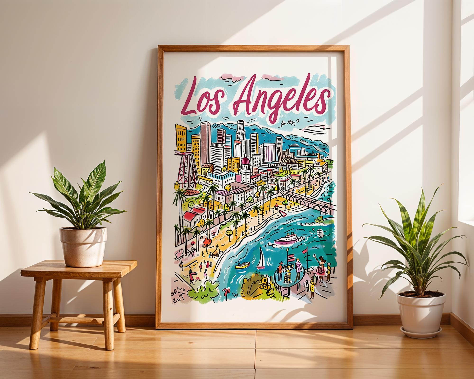 Los Angeles Cityscape Poster | Colorful, Hand-Drawn LA Travel Print wall art print, modern home decor, unframed artwork by Nomad & Nest