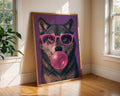Colourful Prints | Wolf Bubblegum Print | Funky Animal Art with Pink Glasses wall art print, modern home decor, unframed artwork by Nomad & Nest