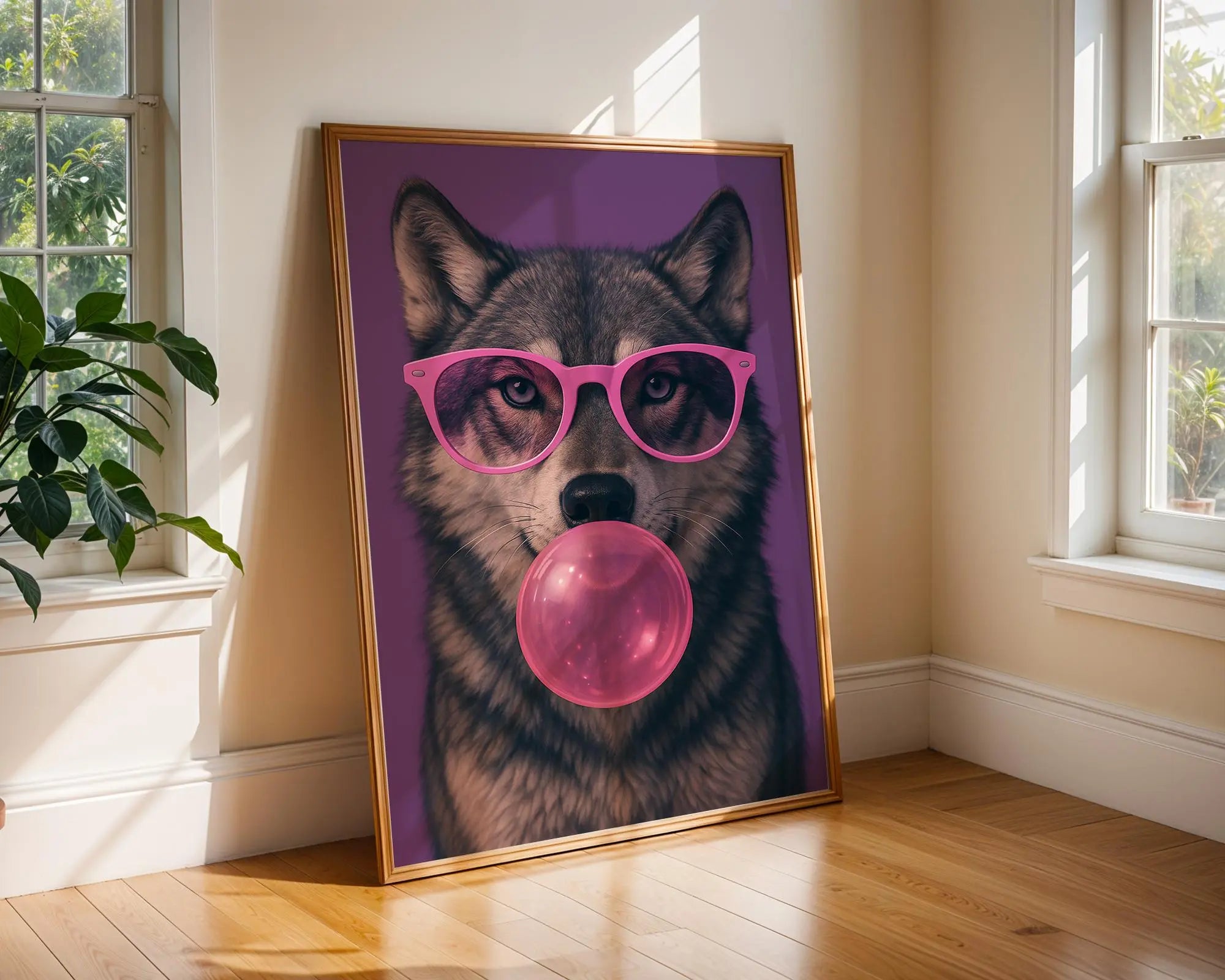 Colourful Prints | Wolf Bubblegum Print | Funky Animal Art with Pink Glasses wall art print, modern home decor, unframed artwork by Nomad & Nest