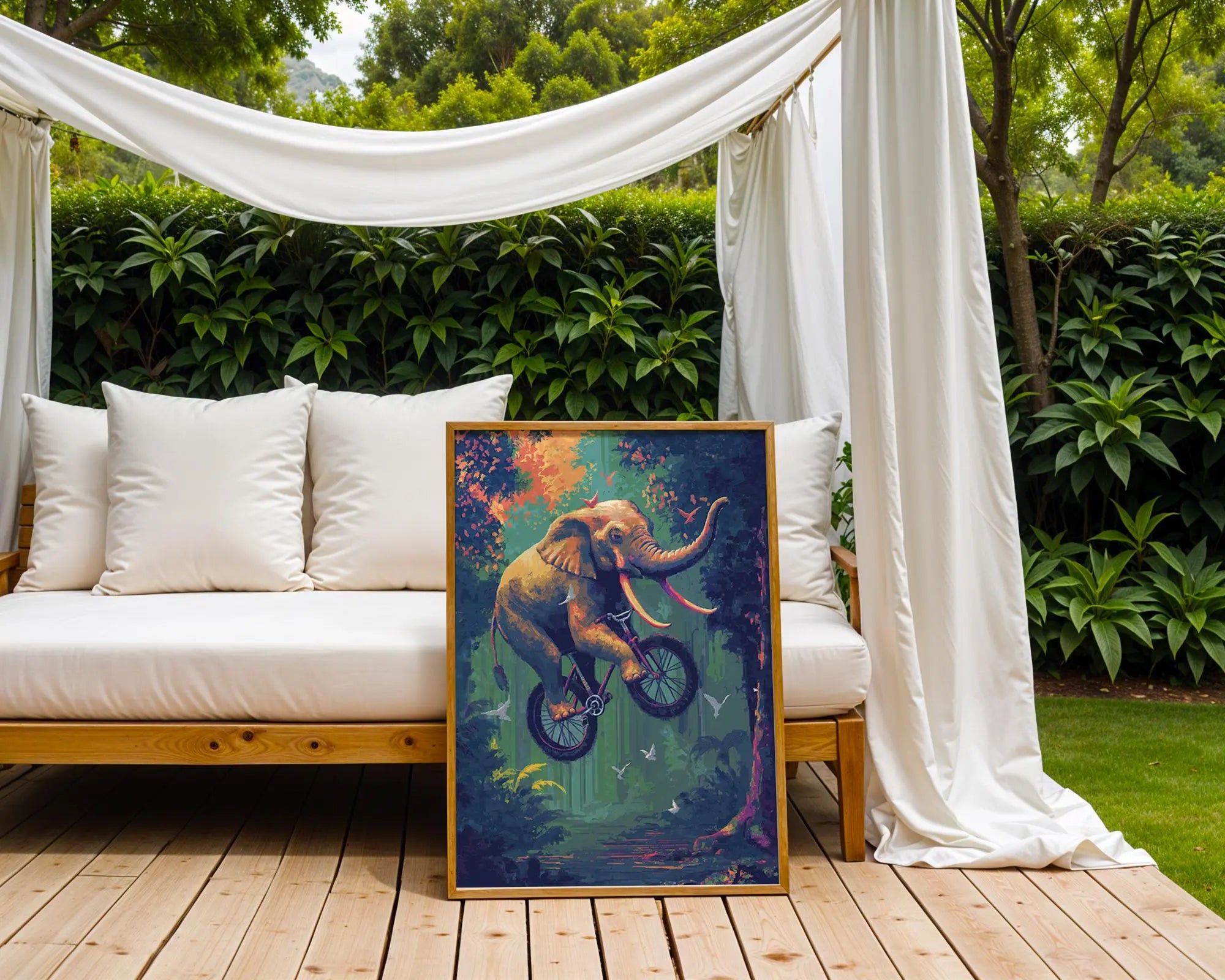 Elephant on Bicycle Print | Whimsical Jungle Animal Art wall art print, modern home decor, unframed artwork by Nomad & Nest